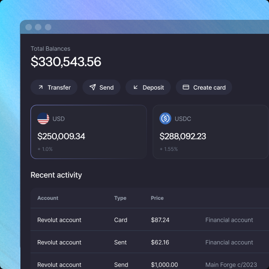 Business account dashboard showing a $330,543.56 balance with transfer, send, and deposit actions