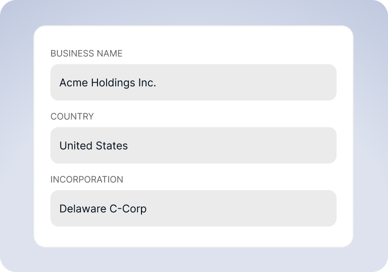 Business account onboarding form with company name, country, and incorporation fields