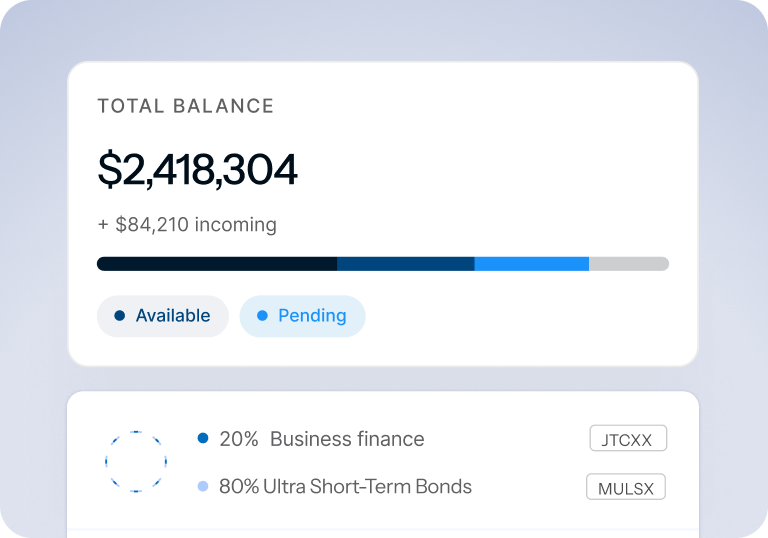 Balance dashboard showing $2,418,304 total balance with allocation breakdown and net yield