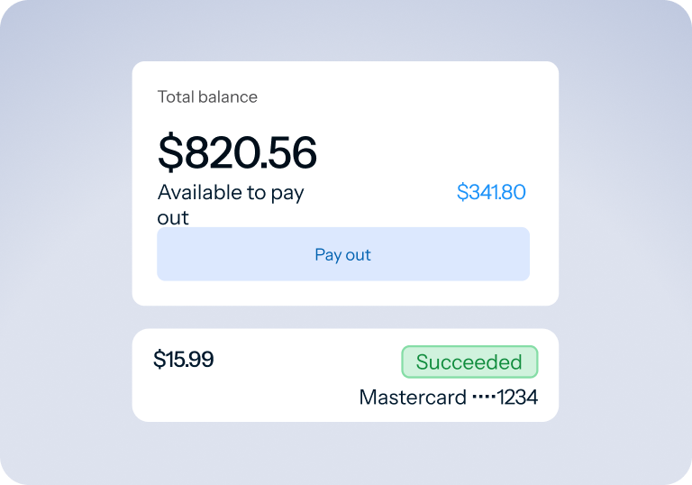 Payout panel showing an available balance and a succeeded Mastercard payout